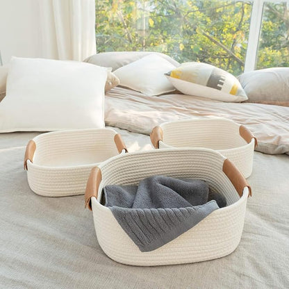 CHICVITA 3 Pack Rectangle Cotton Rope Woven Basket with Handles for Books, Magazines, Toys - Ideal Gift Decorative Basket for Baby Nursery, Living Room