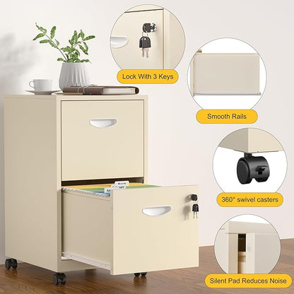 2 Drawer File Cabinet with Lock，Cream Rolling File Cabinet for Home Office, Metal Small Mobile Filing Cabinets on Wheels for Hanging Letter