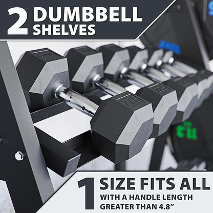 Synergee 3-Tier Dumbbell Storage Rack with 2 Barbell Holders and 4 Weight Plate Pegs, Featuring 2-Tier Dumbbell Storage and 3rd Tier for Kettlebell Storage – Accommodates 1" and 2" Plates – All-in-One