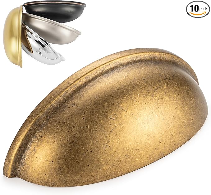 KOOFIZO 10 Pack 3 Inch Bin Cup Drawer Pulls Antique Brass Cabinet Handles Vintage Brass Cabinet Pulls for Kitchen Cabinets Drawer Dresser Cupboard Bedroom Bathroom