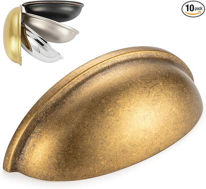 KOOFIZO 10 Pack 3 Inch Bin Cup Drawer Pulls Antique Brass Cabinet Handles Vintage Brass Cabinet Pulls for Kitchen Cabinets Drawer Dresser Cupboard Bedroom Bathroom