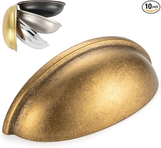 KOOFIZO 10 Pack 3 Inch Bin Cup Drawer Pulls Antique Brass Cabinet Handles Vintage Brass Cabinet Pulls for Kitchen Cabinets Drawer Dresser Cupboard Bedroom Bathroom