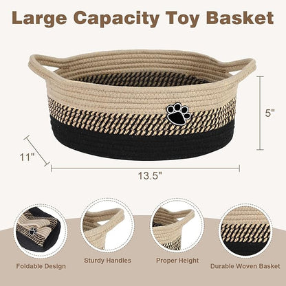 Dog Toy Basket, Toy Box and Bin for Dog Cat Storage, 13.5" X 11" X 5" Small Woven Rope Basket for Baby Storage, Closet, Living Room, Brown & Black