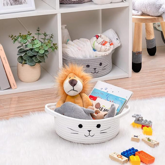 Small Woven Basket, Cute Cat Toy Basket for Living Room, Decorative Nursery Bin for Toys, Diapers, Empty Gift Baskets for Baby, White, 9.8 x 4 inches