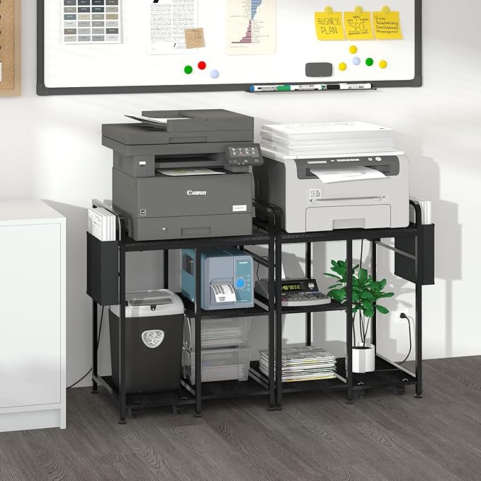 Home Printer Stand with Charging Station, 24x18 Inches Stands for Large Printer, Printer Shredder Stand with Storage for Home Office, Table for Fax Machine/PC Tower (Black)