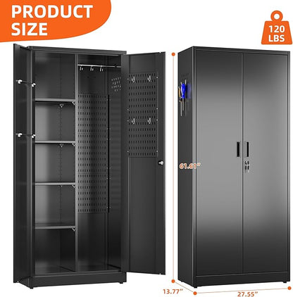 Broom Closet Storage Cabinet with 5 Pegboard, Hanging Rod &13 Hooks, Utility Metal Garage Storage Cabinets with Doors and 4 Shelves for Garage Home Storage, Black,61.6" Hx27.6 Wx13.8 D