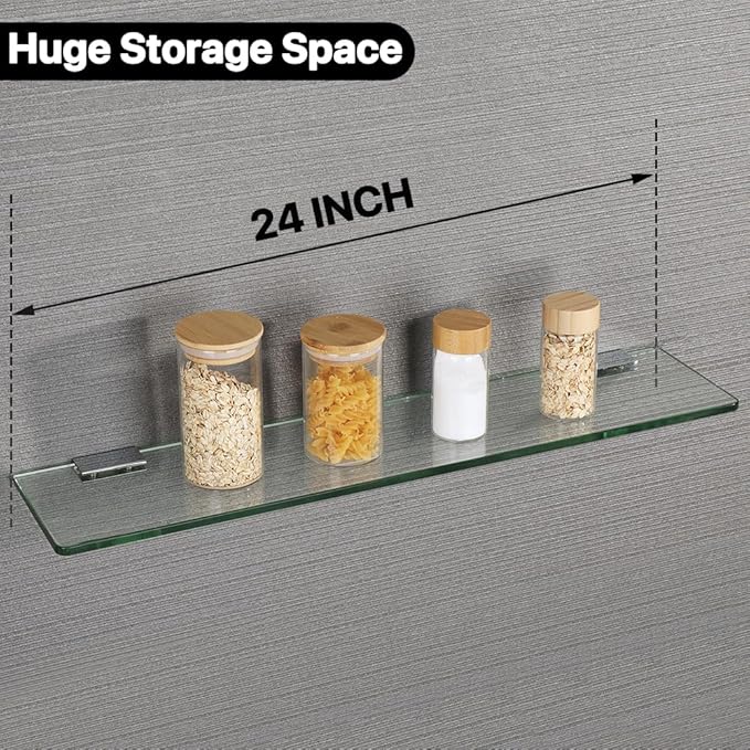 SAYAYO Glass Shelf for Bathroom 24 Inch, Thicken Tempered Floating Glass Shelves with Stainless Steel Brackets, 1 Pack, Clear