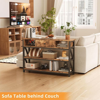 Mexin 39 Inch Console Sofa Table with Drawer, Entryway Table with Storage Shelves, Industrial Wood Hallway Table for Living Room Couch Foyer Kitchen Counter, Rustic Brown
