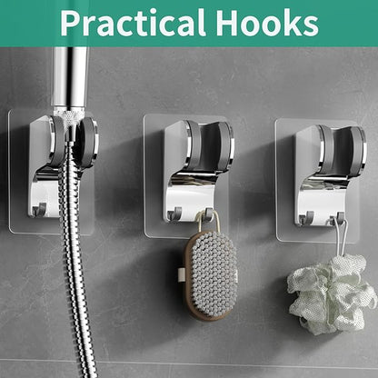 Hand Held Shower Head Holder Wall Mount, Shower Hose Holder Adhesive with 2 Hanger Hooks, Adjustable Shower Handle Holder, No Drilling Shower Wand Holder (‎Chrome, 1 Pack)