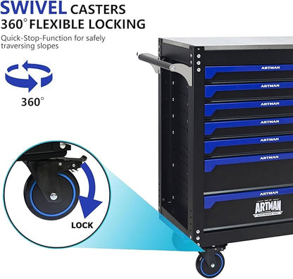 30 inch 7-Drawer Rolling Tool Chest with Wheels,Stainless Steel Countertop Heavy Duty Tool Cart,Locking System, Rolling Cabinet for Garage Warehouses,Repair Shops,Requires Assembly (Black&Blue)