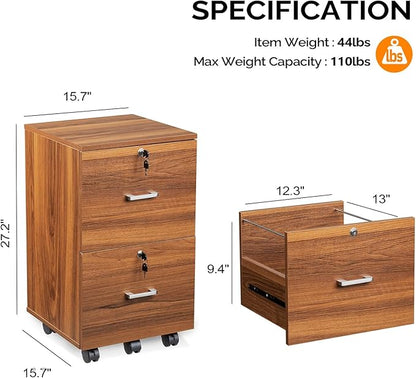 VINGLI 2-Drawer Rolling File Cabinet with Lock, Wood Mobile File Organization for Hanging Letter Size Filings Under Desk Filing Cabinets for Home Office, Assembly Required, Classic Walnut, 26.5" H