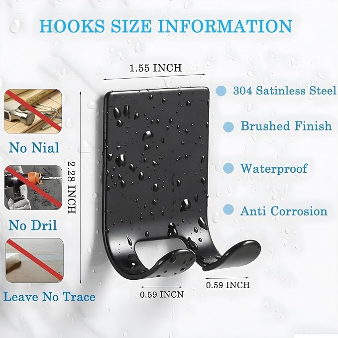 Razor Holder Shaver Hook Hanger Stand(2 Pack)Heavy Duty Self Adhesive Hooks Stainless Steel Sticky Wall Hooks,Shower Hook for Razor,Bathroom Kitchen Organizer for Plug Robe Towel Loofah Bathrobe Coat