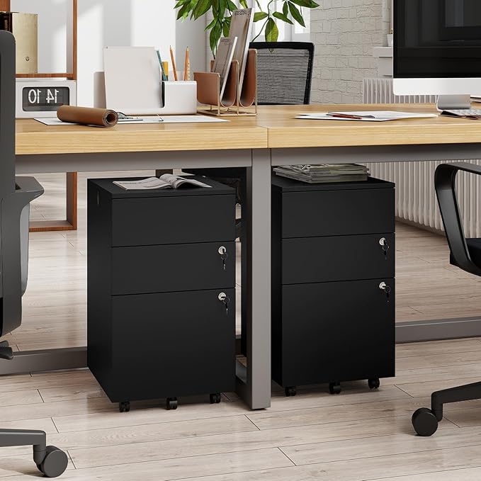 Giantex 3-Drawer File Cabinet with Lock, 27-Inches Storage Cabinet with 2 Side Hooks, Mobile Printer Stand, Wheels, 4 Keys, Vertical Filing Organizer fits Letter/A4 Size for Home Office (Black)