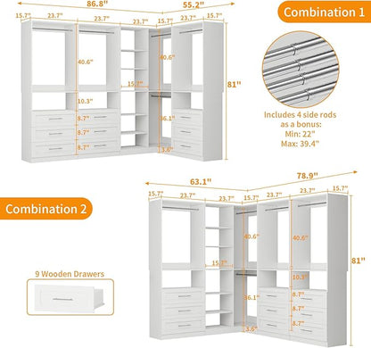 Closet System with 9 Drawers, Corner Closet Organizer Systems with 9 Shelves & 9 Hanging Rods L-Shaped Walk in Closet Freestanding Corner Tower Modular Storage System 4 Sets 2800+ Lbs Capacity White