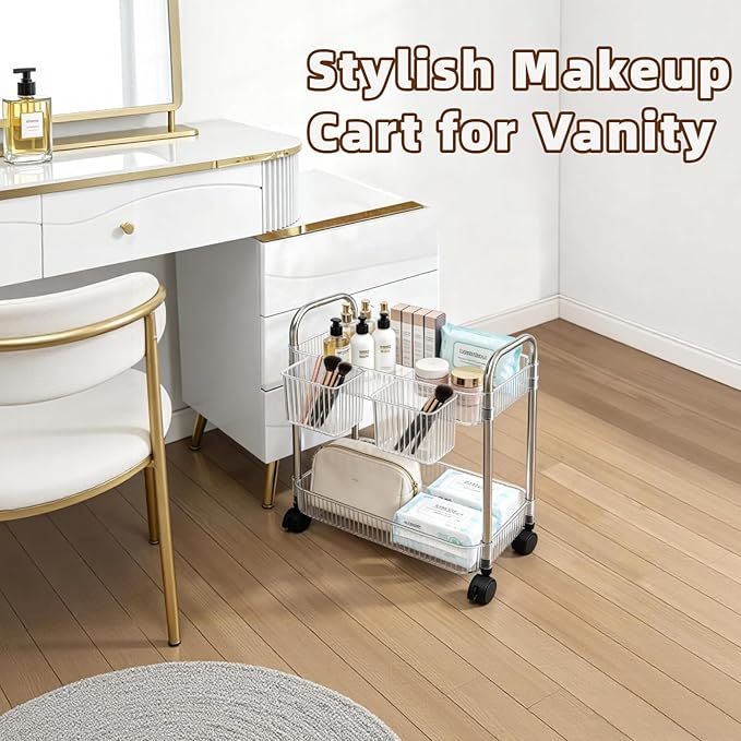 2 Tier Utility Rolling Cart with Wheels Sofa Side Table Small Under Desk Storage Organizer Plastic Mobile Trolley Organization Storage Cart for Kitchen Pantry Bathroom, Transparent