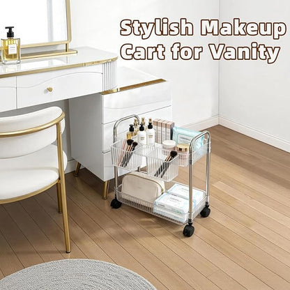 2 Tier Utility Rolling Cart with Wheels Sofa Side Table Small Under Desk Storage Organizer Plastic Mobile Trolley Organization Storage Cart for Kitchen Pantry Bathroom, Transparent