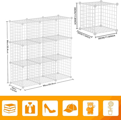 HUBSON Wire Cube Storage Organizer, Book/Toy/Craft/Potted Plants and petCloset Organizers and Storage Shelves, 9-Cube Freely Combinable Metal Grids Storage Shelf, White Iron