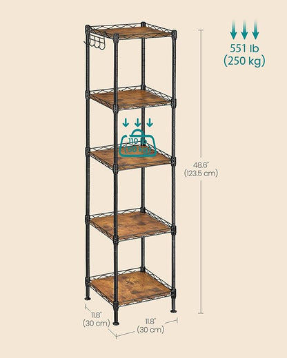 SONGMICS 5-Tier Bathroom Shelf, Storage Rack for Small Space, with 5 PP Shelf Liners, Removable Hook, Extendable Design, Ink Black and Rustic Brown ULGR023B02