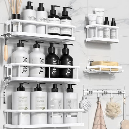 YASONIC Shower Caddy, Large Capacity Bath Organizer with Soap Holder and 12 Hooks, 6 Pack Rustproof Bathroom Shelves for Inside Shower, No Drilling&Sleek Bathroom Organizers and Storage White