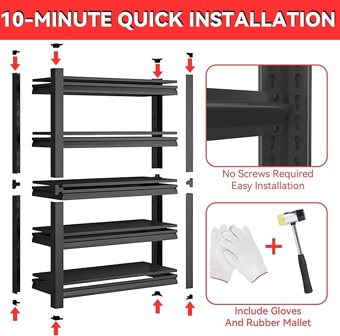 Metal Garage Shelving Unit, Heavy Duty 5-Tier Adjustable Storage Rack, Steel Shelving,3000 lbs Capacity, Industrial Shelves for Heavy Tools and Equipment (5-Tier 77.4" H × 39.4" W × 17.7" D)