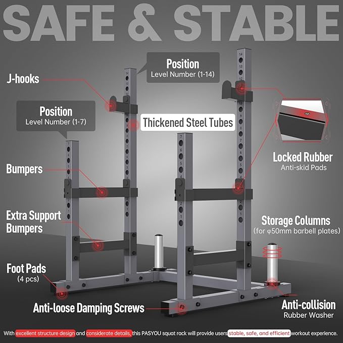 PASYOU Adjustable Power Rack, Multifunction Squat Rack Heavy-Duty Stand, Weight Rack Stand with Spotters, Push Up Portable Strength Training Dumbbell Rack for Home Gym Equipment, Max Load 1800 LBS