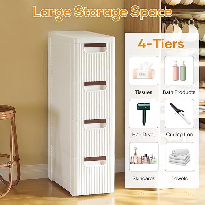 4 Drawers Slim Bathroom Storage Cabinet Dresser, Narrow Plastic Rolling Cart Organizer with Drawers, for Small Spaces, Kitchen, Laundry, Office, Bedroom, White