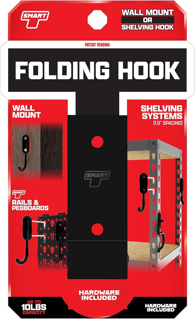 Smart T Folding Wall Hook | Hook for Garage Organization, Heavy Duty, Durable, Space Saving Tool Holder - Wall Mount or Shelving Hooks