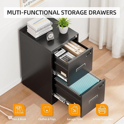 INTERGREAT 2 Drawer File Cabinet, Black Metal Filing Cabinet with Lock, Lockable Vertical File Office Cabinet for Hanging Letters/Legal/A4, Assembly Required