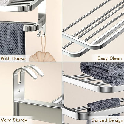 DDS-DUDES 15 Inch Bathroom Towel Rack Towel Shelf with Double Towel Bars Lavatory Wall Mount Holder with Hooks Stainless Steel Hotel Bath Rack