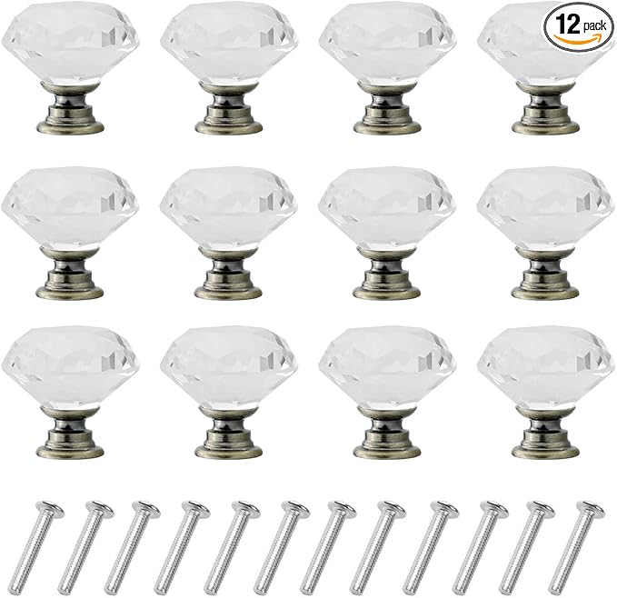 YourGift 12 Pack Drawer Knobs Diamond Shaped Crystal Glass 30mm Cabinet Knobs Pull Handles (Bronze)