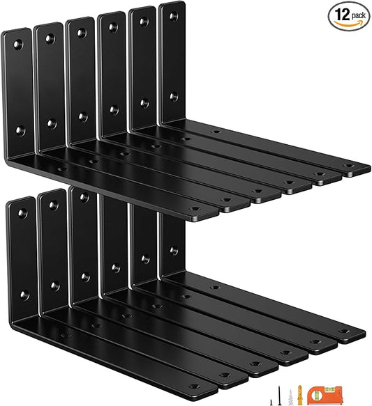 12-Pack 8 Inch Heavy Duty Shelf Brackets, Premium Floating L Bracket for Wall, Kitchen, Mantel Shelves Support | Quarter Inch (1/4") Thick | Black Powder Coated Steel