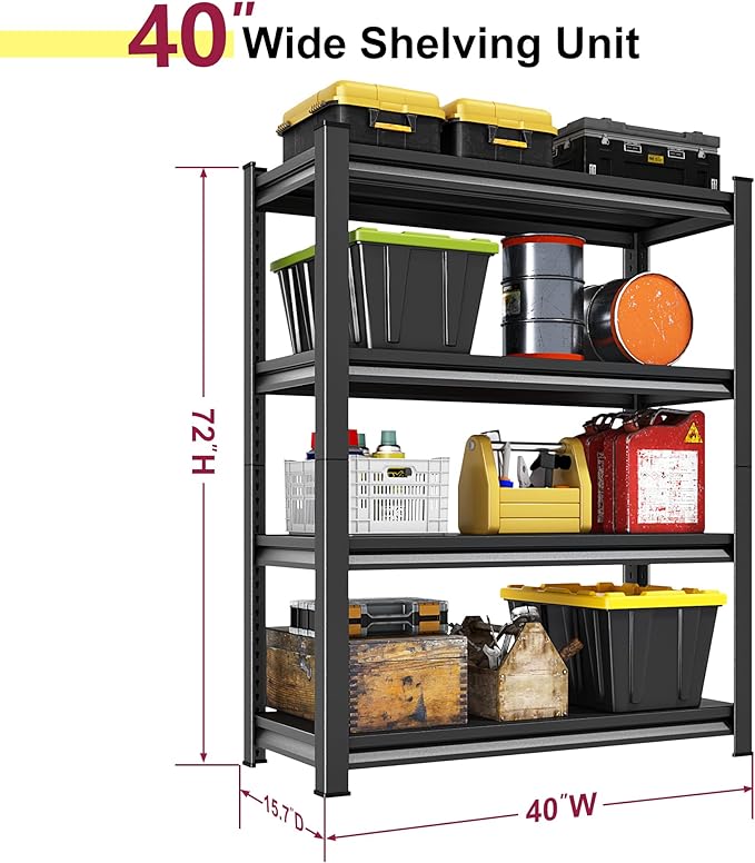 40''W Garage Shelves Heavy Duty - 2,000Lbs Steel Metal Adjustable Utility Storage Shelving Rack Units 40" W x 16" D x 66" H 4 Tier Black