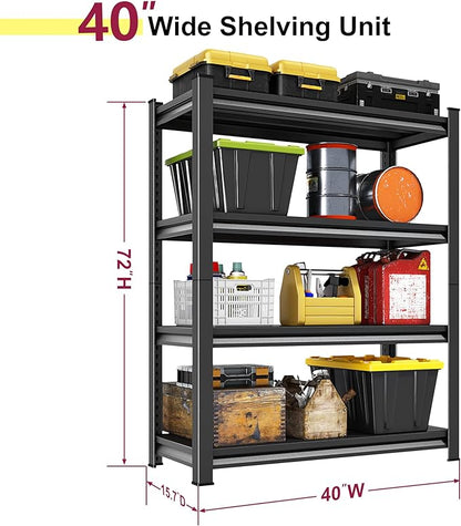 40''W Garage Shelves Heavy Duty - 2,000Lbs Steel Metal Adjustable Utility Storage Shelving Rack Units 40" W x 16" D x 66" H 4 Tier Black