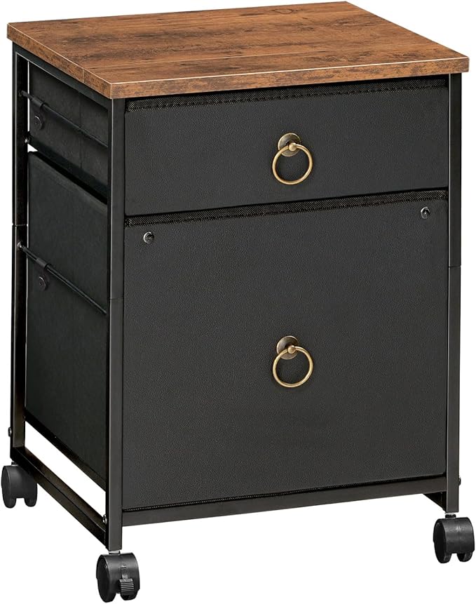 HOOBRO File Cabinet, 2-Drawer Vertical Mobile Office Cabinet, Rolling Printer Stand, for A4/Letter Size Files, Nonwovens Drawer, for Home Office, Rustic Brown and Black BFK21WJ01