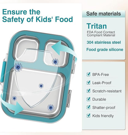 Stainless Steel Lunch Box, 3 Compartments Metal Bento Box for Kids Adults, Leak-Proof Lunch Box for School Office, Dishwasher Safe, BPA-Free, Tritan Lid, Blue