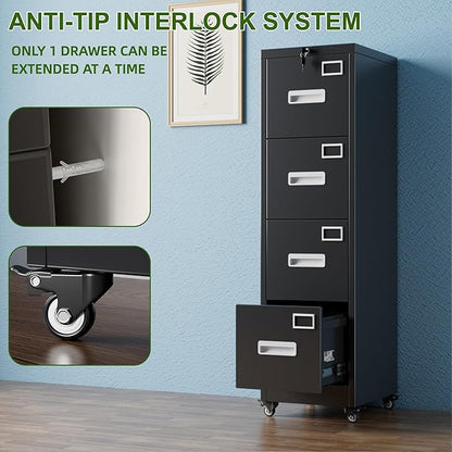 Aobabo 4 Drawer File Cabinet with Lock and Wheels, Metal Vertical Filing Cabinet with Anti-Tilt Interlock System for Home Office, Fits Letter/Legal Size, Black,Required Assembly