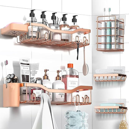 Shower Caddy Adhesive Shower Organizer 7-Pack, Rustproof Stainless Steel Bathroom Shelves, Large Capacity No-Drill Rack Storage Accessories with Soap Dish Toothbrush Holder Hooks