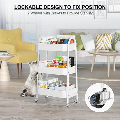 EAGMAK 3 Tier Utility Rolling Cart, Metal Storage Cart with Handle and Lockable Wheels, Multifunctional Storage Organizer Trolley with Mesh Baskets for Kitchen, Living Room, Office, Garage (White)
