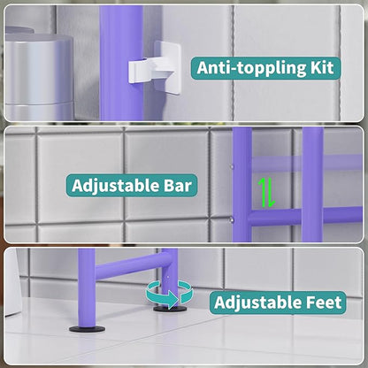 3-Tier Over The Toilet Storage with Paper Holder, Metal Bathroom Organizers and Storage for Small Space, Freestanding Bathroom Shelves with 4 Hooks, Above The Toilet Storage Shelf (Purple)