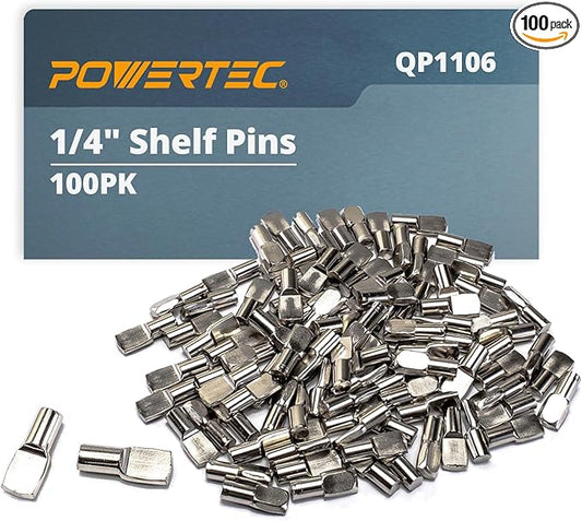 POWERTEC QP1106 1/4 Inch Shelf Pegs 100 pcs, Spoon Shaped Shelf Pins Support Pegs for Shelves, Kitchen Cabinet Shelf, Bookshelf, Closet and Furniture, Nickel Plated Shelf Holders Pegs