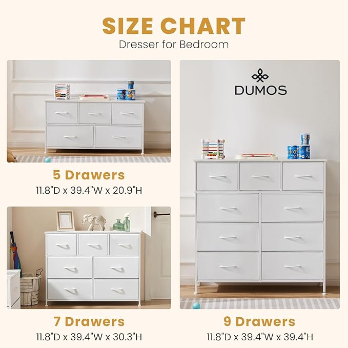 DUMOS Dresser for Bedroom, 5 Storage Drawers, Wide Fabric Closet Chests Organizer Tower Furniture with Wooden Top Metal Frame for Clothes, Guest Room, Living Room, Hallway, Entryway