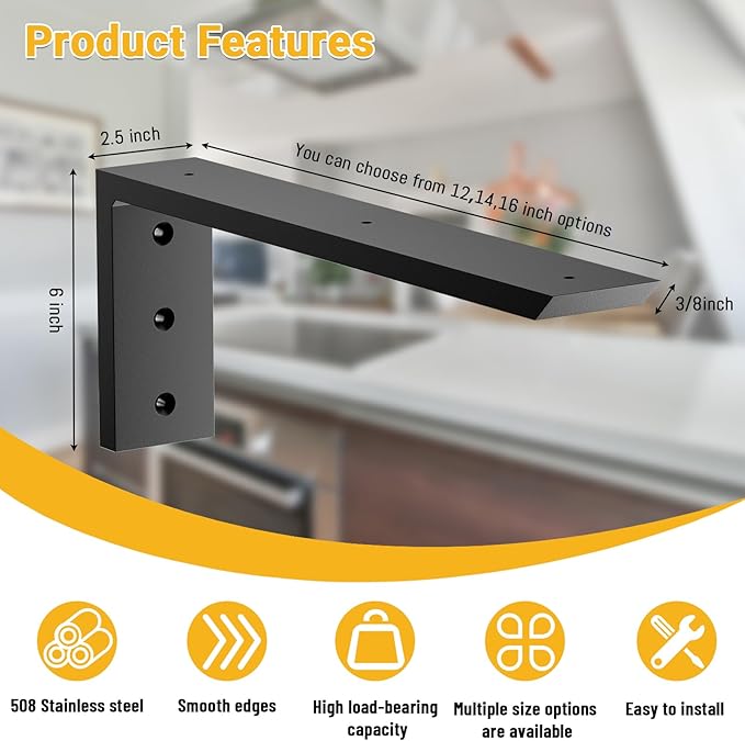 Countertop Support Bracket 16 inch 4 Pack (3/8" Thick),Premium Heavy Duty Granite Countertop Brackets 16"x6"x2.5",Shelf L Bracket Mantel Corbels for Quartz,Wood,Concrete and Laminate Countertops