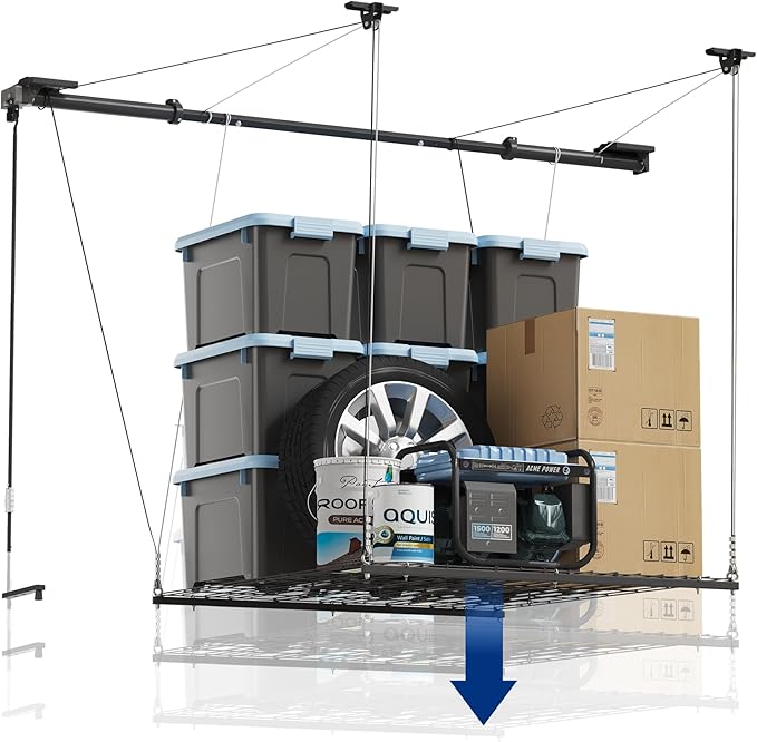 FLEXIMOUNTS GL1 Overhead Garage Lifting Storage Rack, 4x4 Ft Heavy-Duty Metal Storage Racks, Adjustable Garage Ceiling Organization System, 350lbs Weight, Polished Black