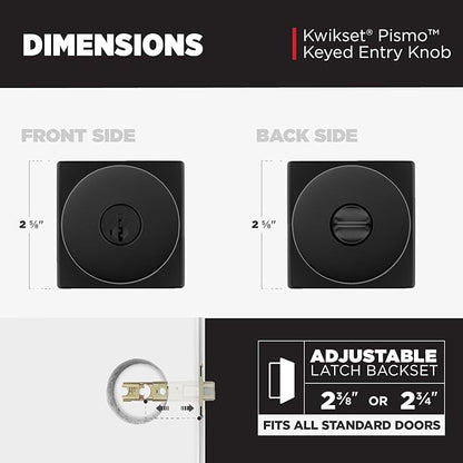 Kwikset Pismo Entry Door Knob with Lock and Key, Secure Keyed Handle Exterior, Front Entrance and Bedroom, Matte Black, 4 Pack, Pick Resistant SmartKey Rekey Security and Microban