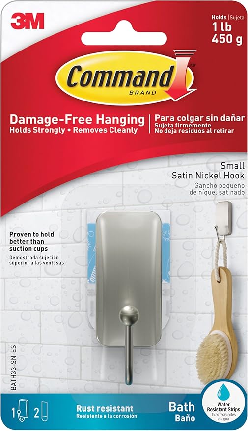 Command Small Bath Hook, Holds up to 1 lb, 1 Satin Nickel Shower Hook with 2 Water Resistant Strips, Damage-Free Bathroom Organization