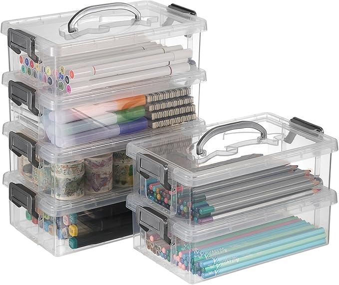 BTSKY 6-Pack Large Stackable Pencil Boxes with Handles, Transparent Pencil Case with Latching Lids & Clasp, Plastic Pencil Box Stationery Organizer Box Ideal for Craft Pen Art Office Supply, Grey
