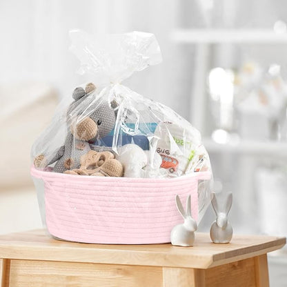 Small Woven Gift Basket, Baskets for Gifts Empty, Cotton Rope Cat Dog Toy Box, Nursery Baby Organizer with Handles, Cute Wicker Storage Bin for Home Decor, Light Pink, 12"x 8"x 5"