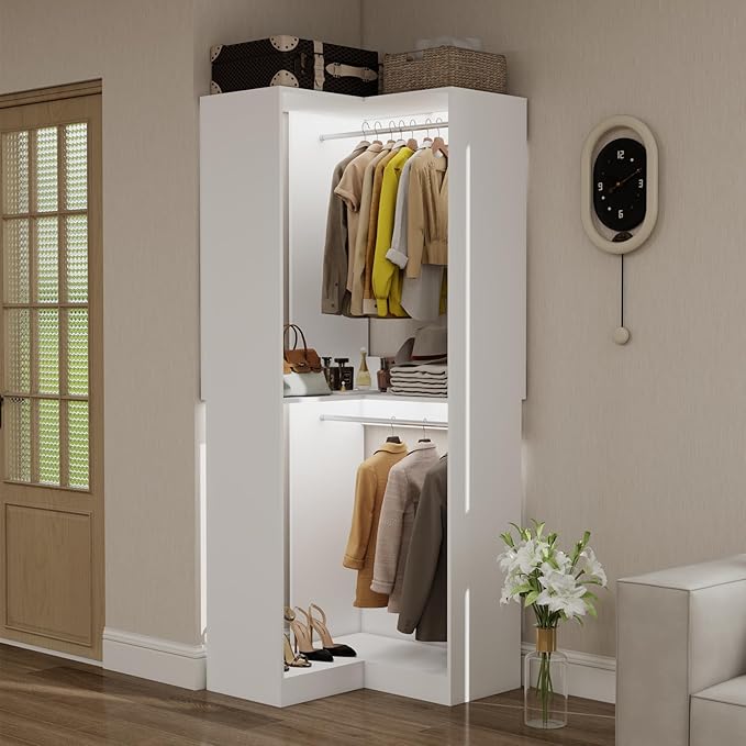 Corner Closet System, 31" Corner Closet Organizer With 3 Hanging Rods, Wood Walk In Closet System for Small Space, L Shaped Corner Closet, White