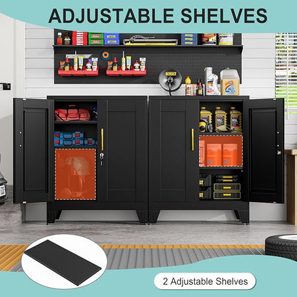 35.43" Metal Storage Cabinet with Lock, Metal File Cabinet with 2 Doors ＆ 2 Adjustable Shelves, Steel Locker Utility Tool Garage Cabinets for Home, Office, Warehouse (Black)