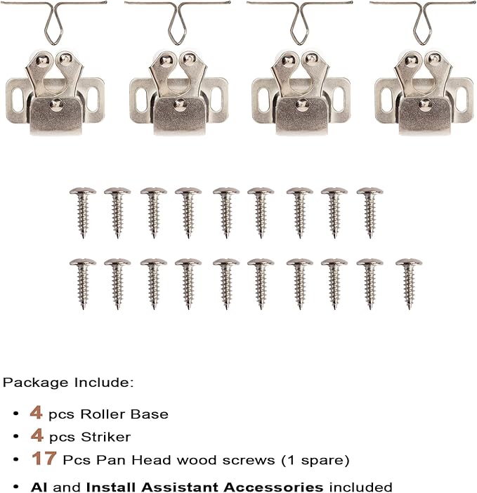 4 PCS Cabinet Latch Double Roller Catch Hardware for Cupboard Closet Cabinet Door Latches and Catches, Nickel